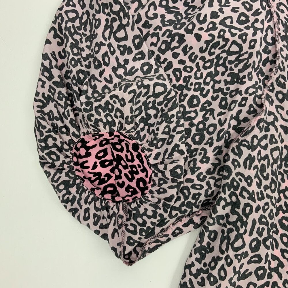 New Les Reveries Silk Balloon Sleeve Animal Leopard Print Blouse Pink Size 4 - Picture 13 of 16